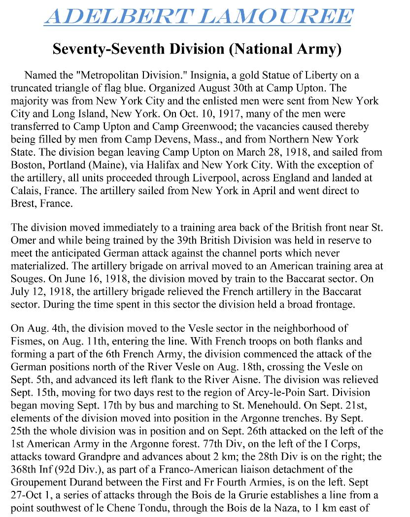 Personal History of Adelbert Lamouree & 77th Div in WW1