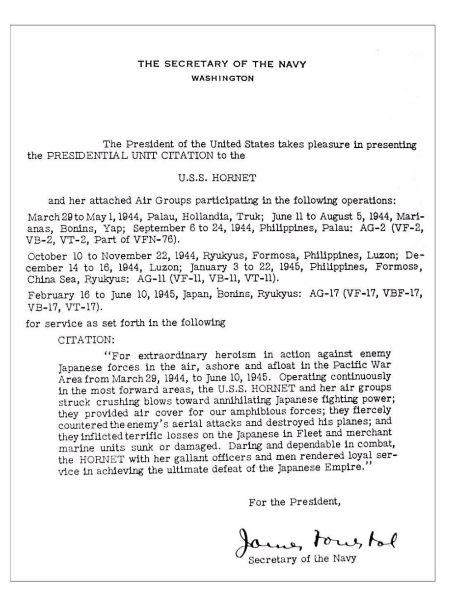 Presidential Unit Citation tp the USS Hornet