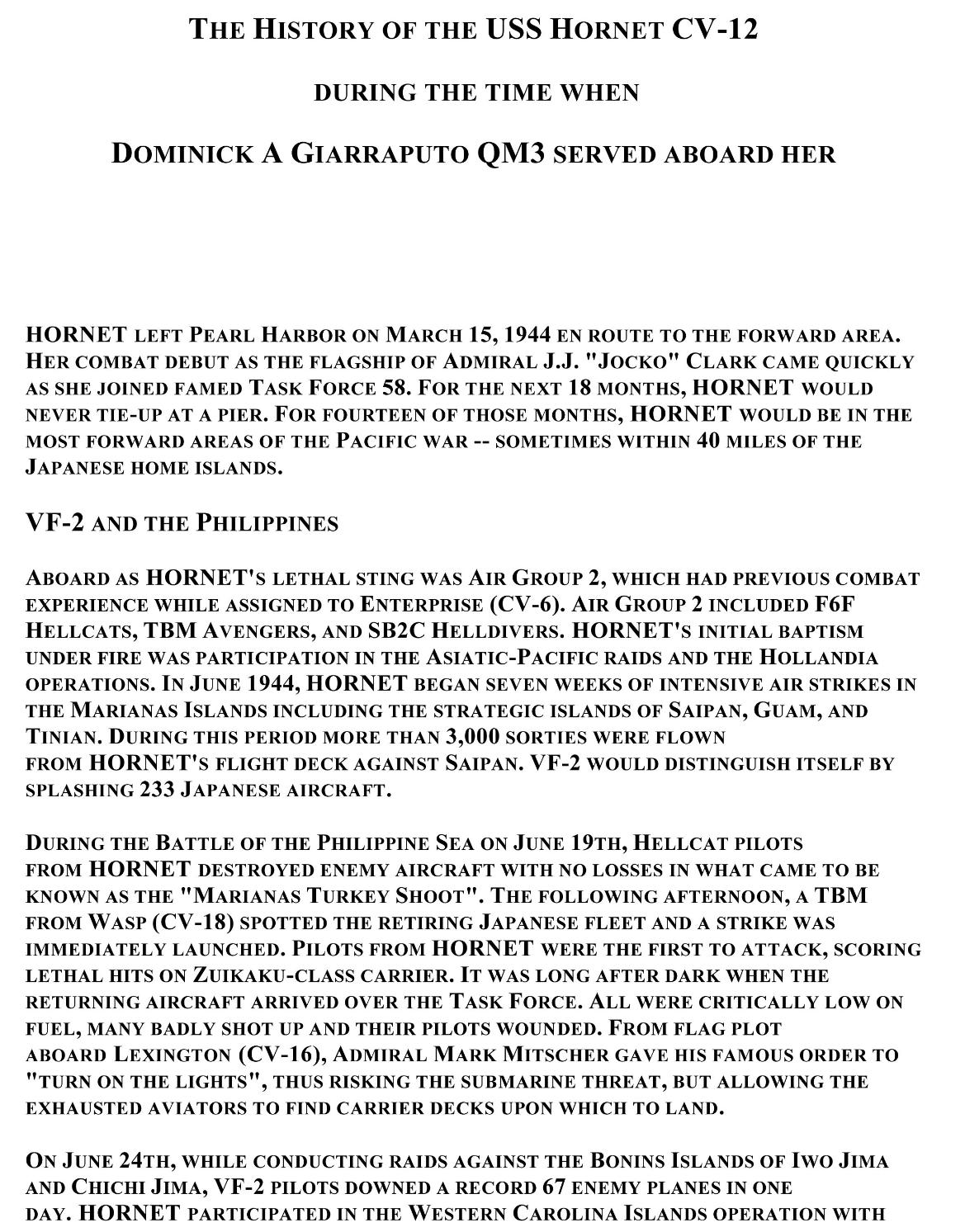 History of the USS Hornet CV12 during WW2