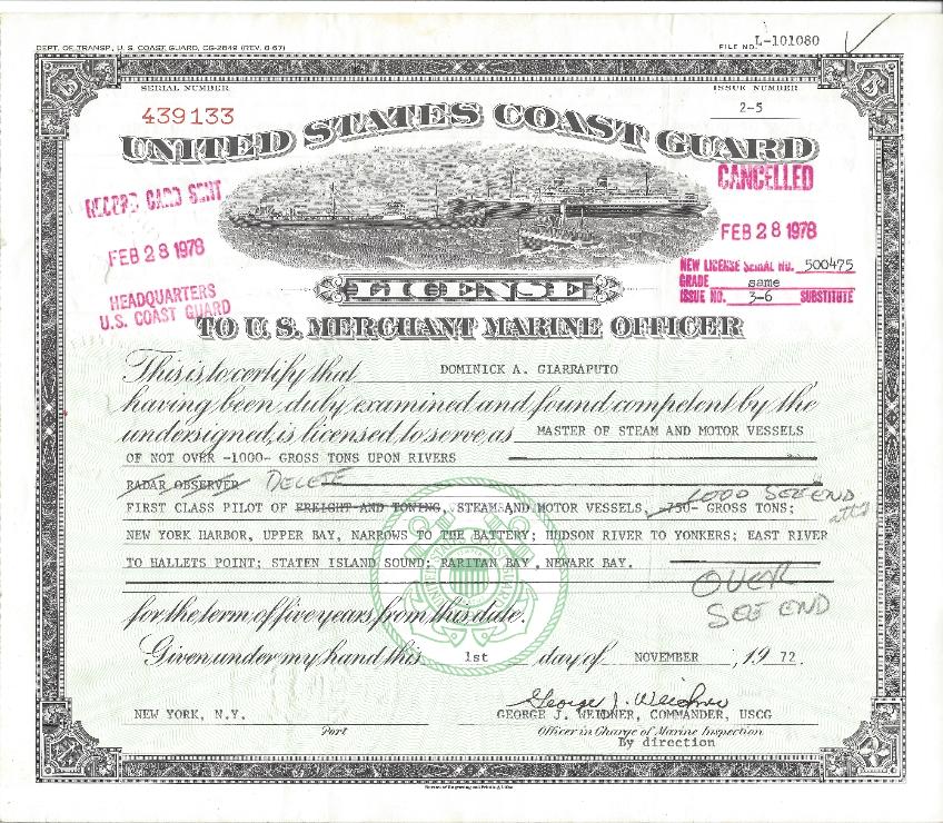 1000 ton License issued to Dominick Giarraputo